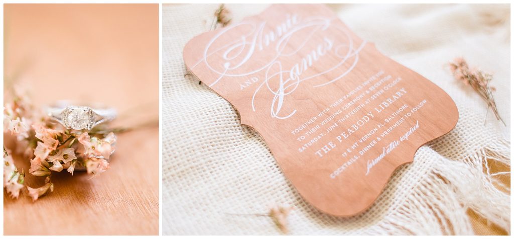 real wood wedding invtiation with pink flowers