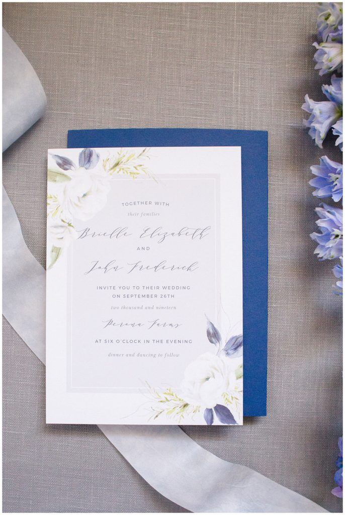 blue white and gray rose wedding invitation