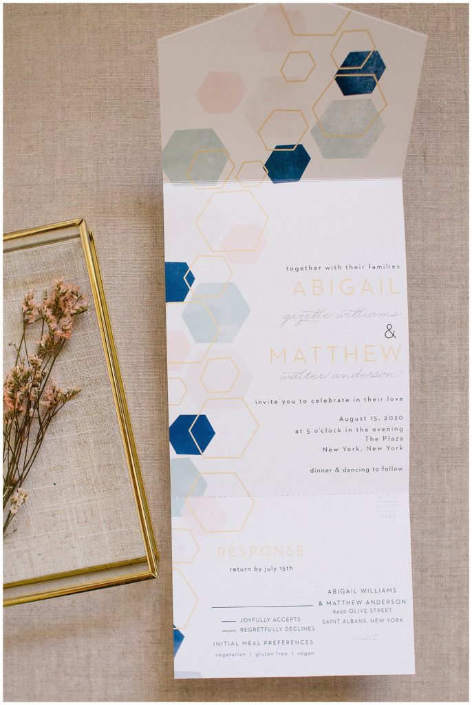 boho gold foil hexagon wedding invitation